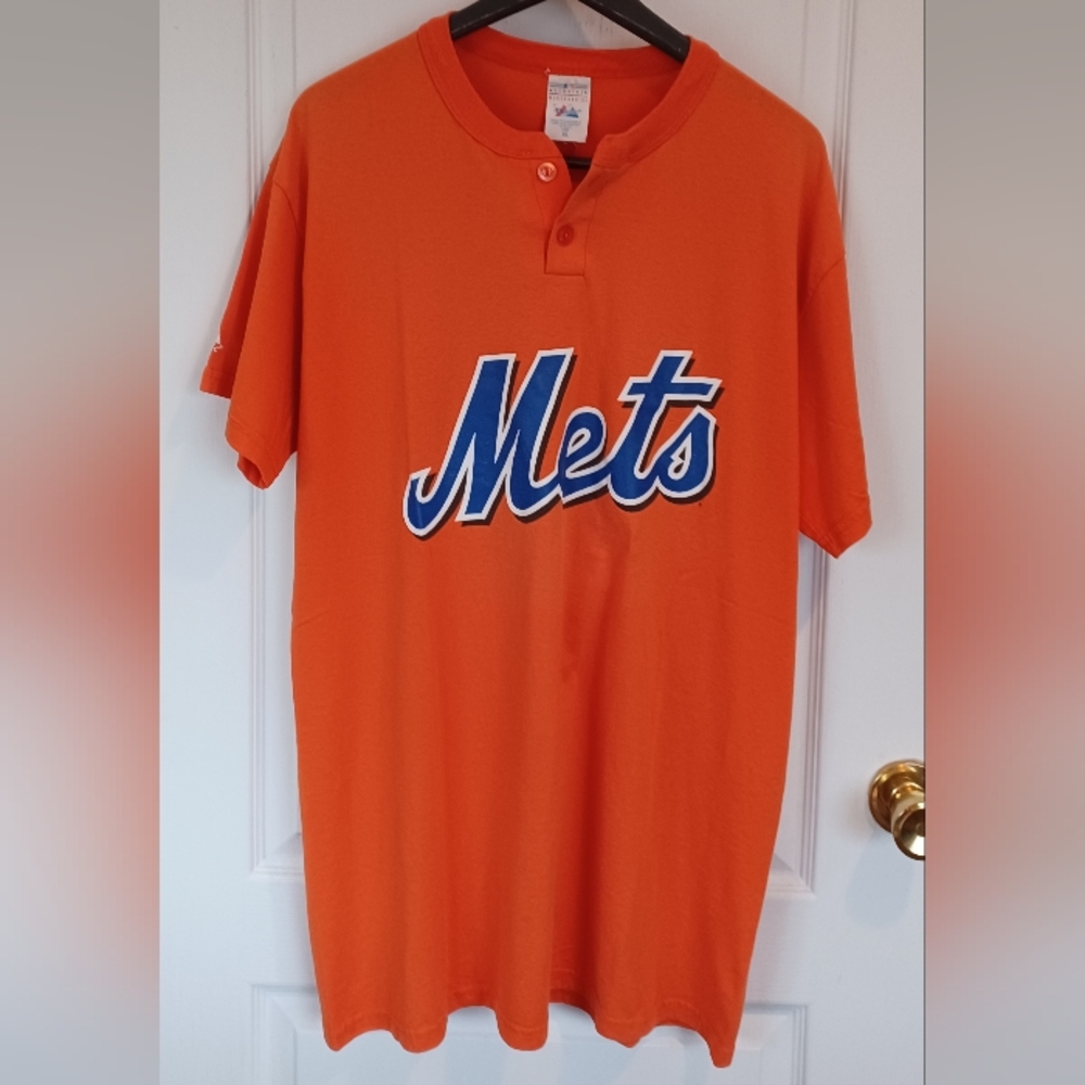 VINTAGE METS 2-BUTTON HENLEY SHIRT GENUINE MERCHANDISE BY MAJESTIC XL ORANGE